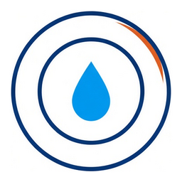 Well Iron Filter logo: a blue water drop centered in two navy rings, with a short orange arc on the outer ring